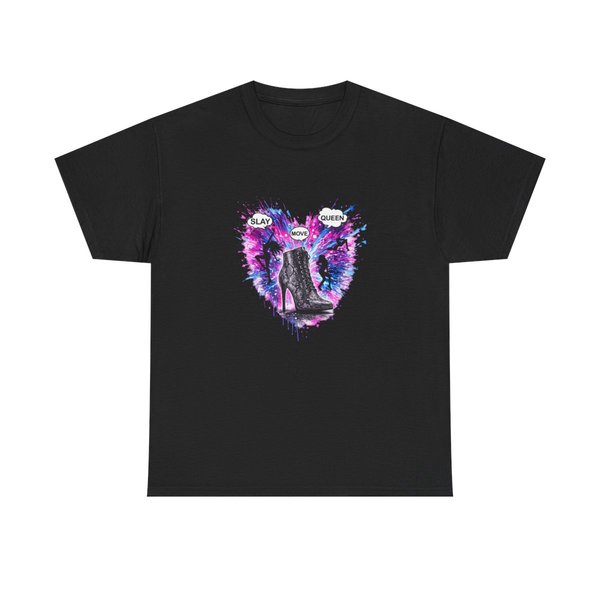 Stiletto Heart Illustration Tee | Neon Paint Splatter, 'Slay Queen' Text